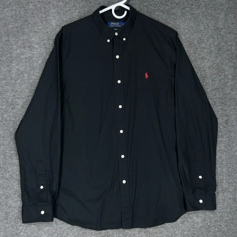 Polo Ralph Lauren Shirt Mens L Black Solid Slim fit Stretch Poplin Preppy
